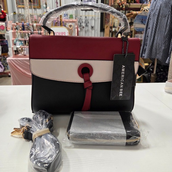 American Bee Handbags - American Bee Colorblock Satchel Handbag and Wallet Set Red Black